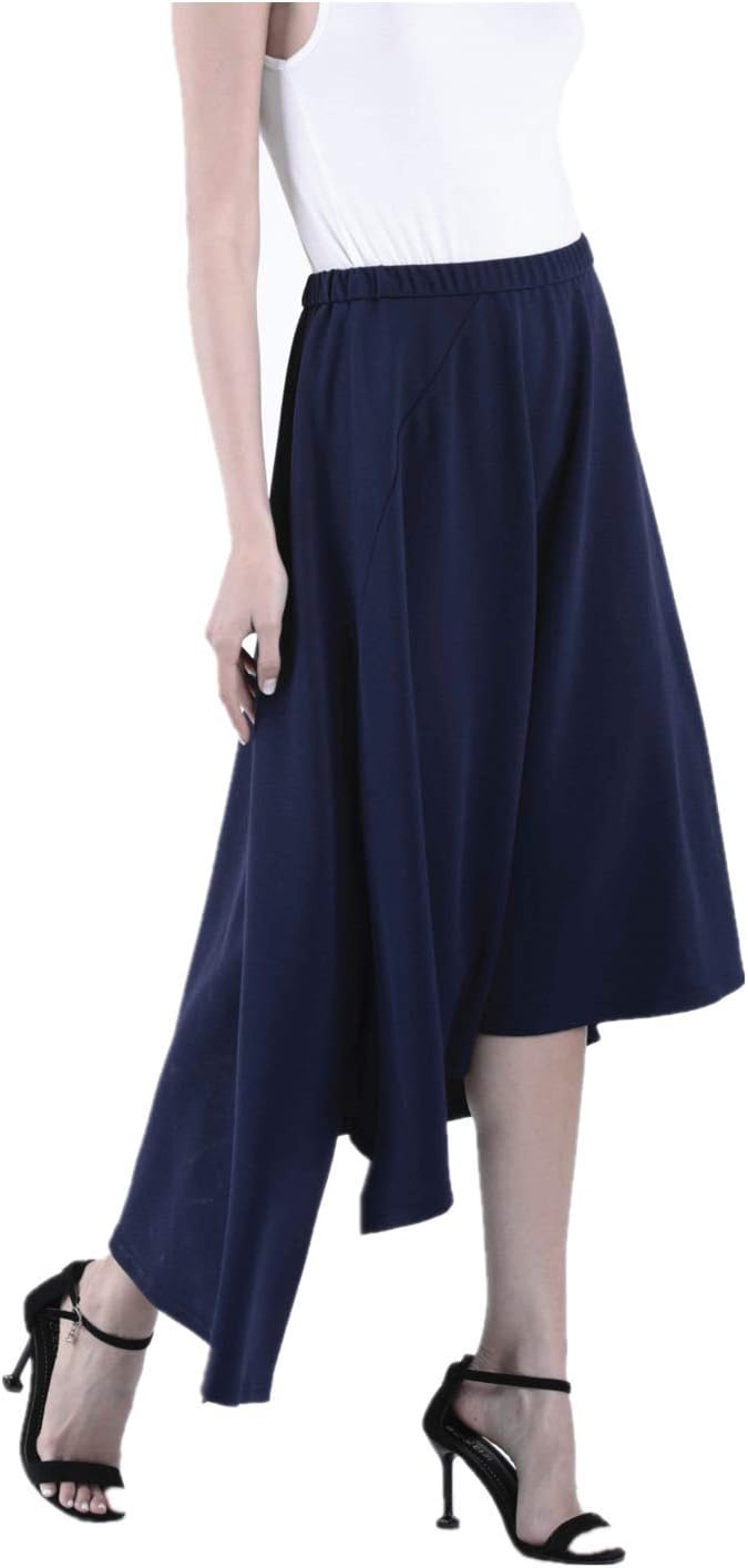 YILi Women's Spring Fall Elastic High Waist Dance Skirts A-Line Drape Asymmetrical Midi Skirt