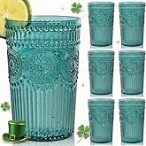 Ciaell 12 Pack Romantic Plastic Water Glasses - 14 Oz Green Vintage Drinking Glasses, Embossed Ribbed Plastic Cups, Textured Striped Set for Juice, Beverages, Beer, Cocktail，St. Patrick's Day