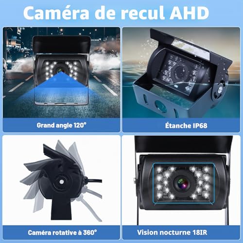 Vehicle Reversing Camera - Camecho 9"/9 Inch Monitor 4 Split Front View, Rear View Camera Truck 18 IR Waterproof Night Vision with 0.6 x 10.1 m and 0.6 x 19.8 m Cables for RV, Trailer, Bus
