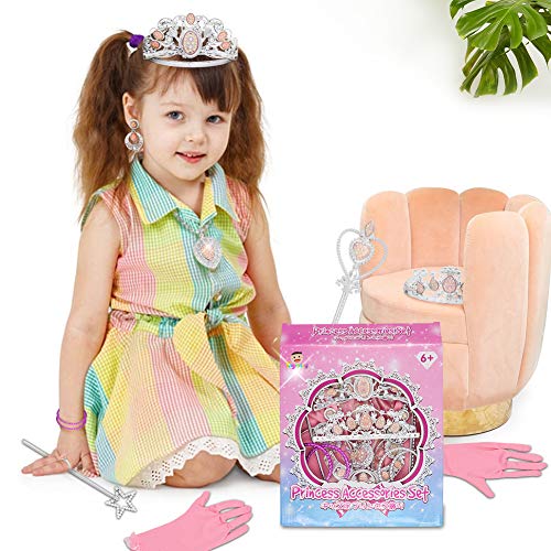 Tagitary Princess Dress Up Jewelry Dress-up Play Toy Set for Girls Jewelry with Crowns, Necklaces, Wands, Rings, Earrings Bracelets and Pink Skirt, 21 Pcs - Thumbnail 5