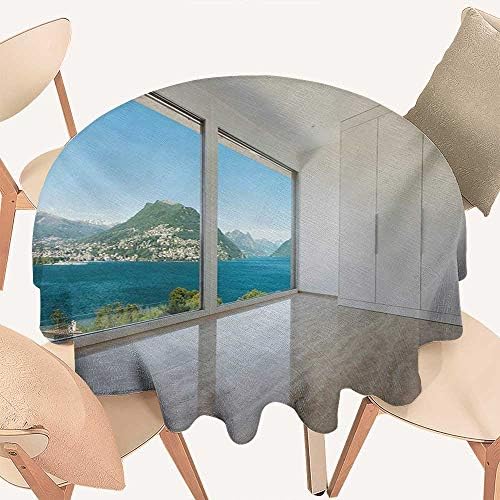 Modern Fabric Tablecloth Interior of Penthouse Empty Living Room Large Windows Sea Mountains View Art Round Tablecloth D 70" White Blue Beige
