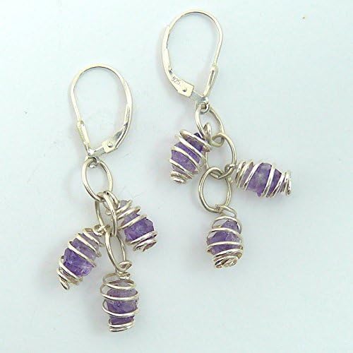 Sterling Silver Wire Cage Amethyst Handmade Drop Earrings Bunch
