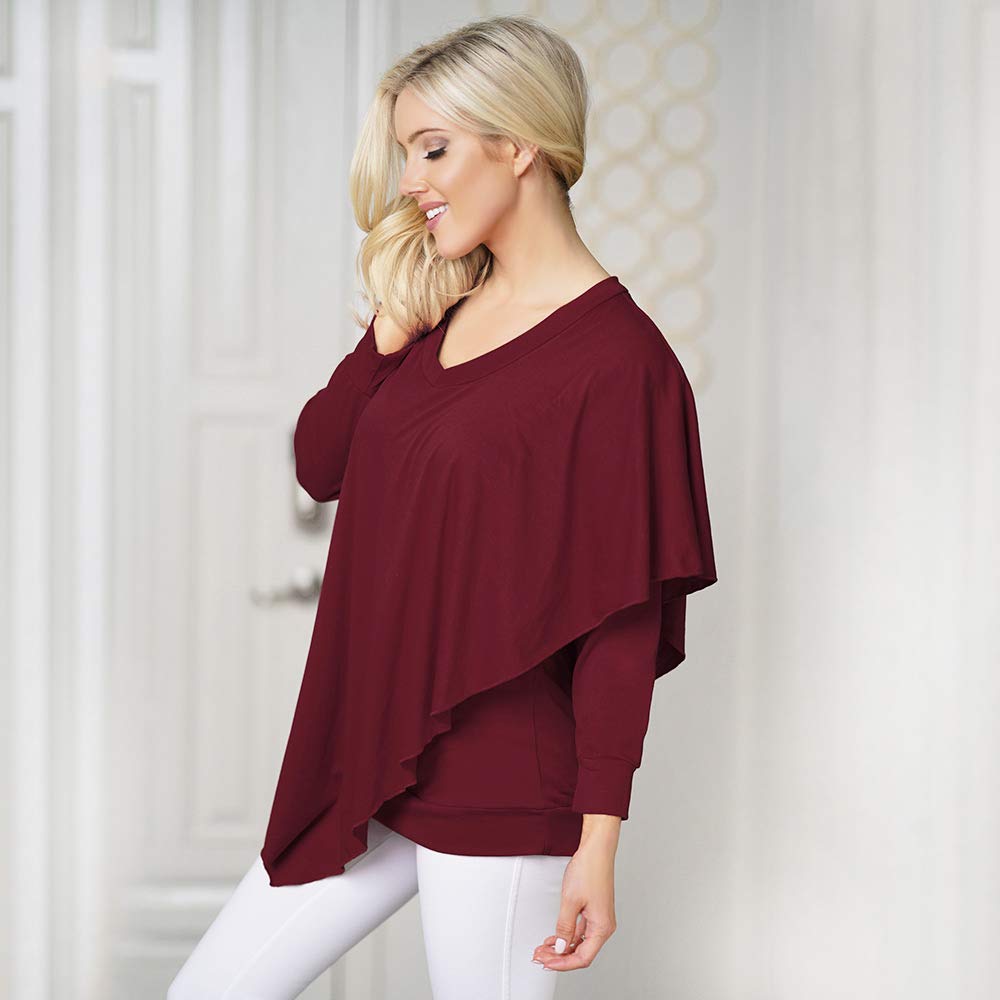 ENIDMIL Women\'s Casual Loose Long Sleeve Blouse Irregular Top V Neck T-Shirt (Wine Red, L)