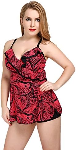 Sexy Women's Plus Size Cross V Neck Floral Halter Tankini Set Two Piece (US20, Red)