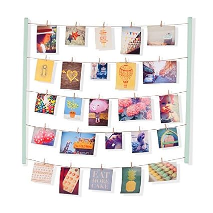 Umbra Hangit Photo Display - DIY Picture Frames Collage Set Includes Picture Hanging Wire Twine Cords, Natural Wood Wall Mounts and Clothespin Clips for Hanging Photos, Prints and Artwork (Mint)