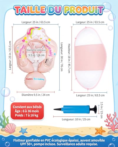 Baby Swim Ring with Removable Canopy UPF 50+, Adjustable Baby Float, Inflatable Swimming Pool, Safety Seat, Sun Protection, Waterproof, Anti-Turn, Non-Toxic, 3-36 Months