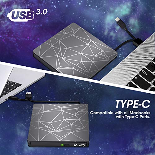 External DVD Drive, M WAY USB 3.0 External CD Player, Portable USB C DVD CD RW Optical Drive, DVD CD ROM USB Burner Writer, for Laptop PC Mac MacBook Pro Air OS Windows 7 8 10 Linux