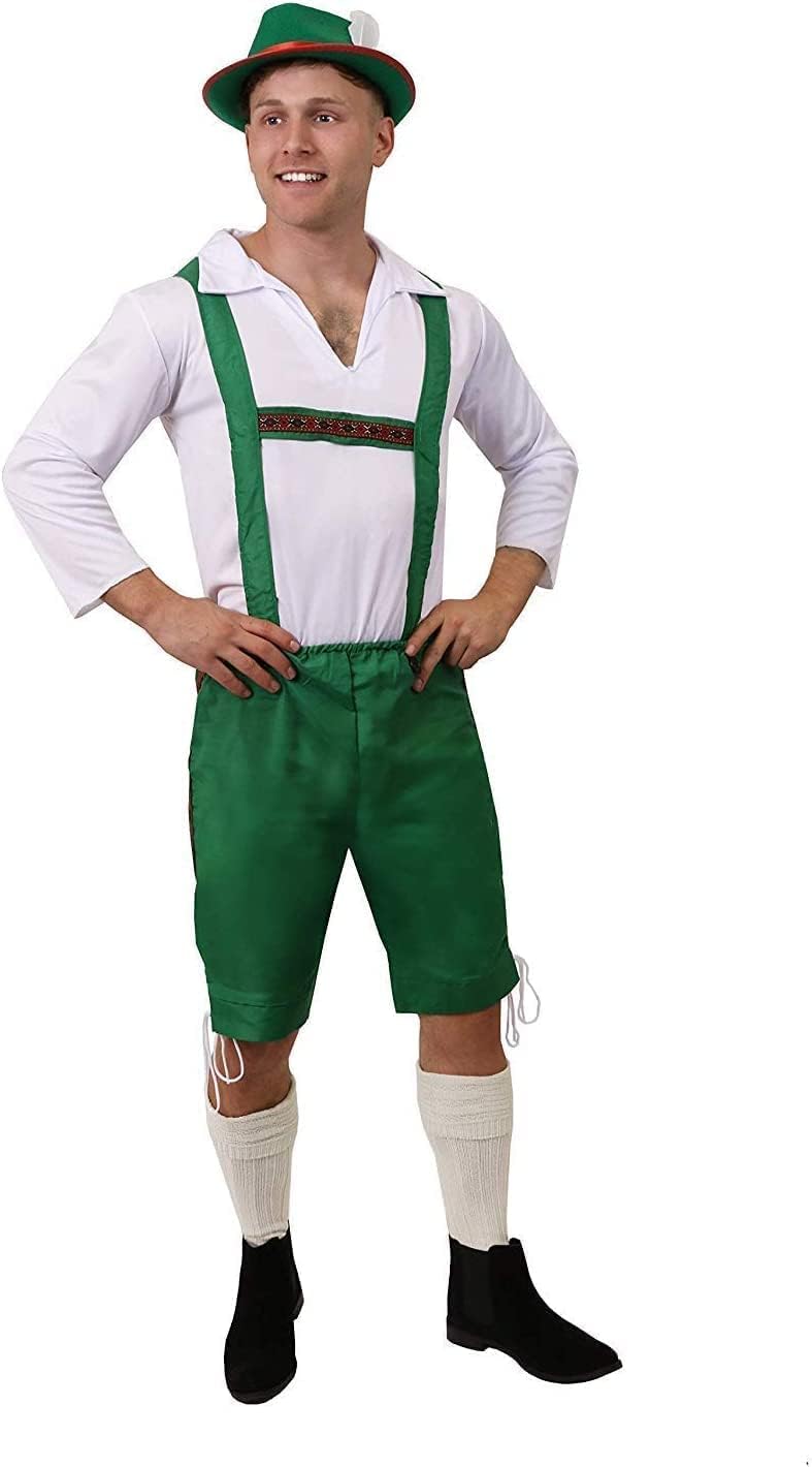 Mens Bavarian Costume - XXX-Large - Green Lederhosen Style Trousers with traditional White shirt - Oktoberfest Fancy Dress