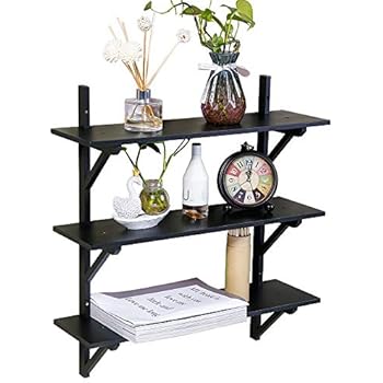 Kamiler Floating Shelves Wall Mounted, 3 Tier Bamboo Wall Storage Shelves, Display Ledge Shelves, Hanging Décor Floating Shelves for Bedroom, Living Room, Kitchen, Bathroom-Black