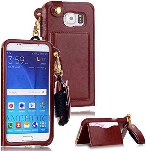 S6 Case, Galaxy S6 Case,Samsung Galaxy S6 Case,AMCHOICE(TM)[Single Color](Brown)Hang On The Neck Wallet Case For Samsung Galaxy S6,[Free Stylus,Screen Protector,Cleaning Cloth]