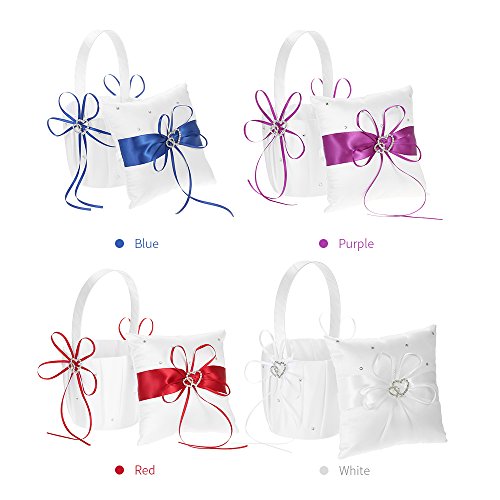Decdeal Double Heart Satin Ring Bearer Pillow and Wedding Flower Girl Basket Set 6 x 6 inches