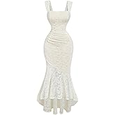 GORGLITTER Women's Floral Lace Ruched Bodycon Midi Dress Sleeveless Fishtail Ruffle Evening Dresses Apricot Large