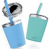 CUPKIN Toddler Cups with Straws, The Original 8 oz Stackable Stainless Steel Baby Straw Cup, Set of 2 Kids Cups, Powder Coated Insulated Kids Tumblers, No BPA Lids + Silicone Straws (Blue + Green)
