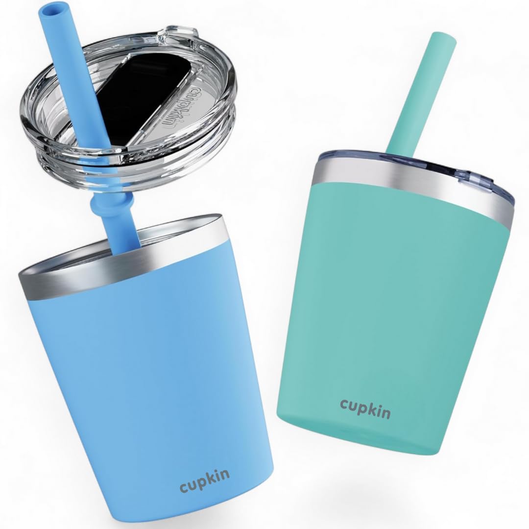CUPKIN Toddler Cups with Straws, The Original 8 oz Stackable Stainless Steel Baby Straw Cup, Set of 2 Kids Cups, Powder Coated Insulated Kids Tumblers, No BPA Lids + Silicone Straws (Blue + Green)