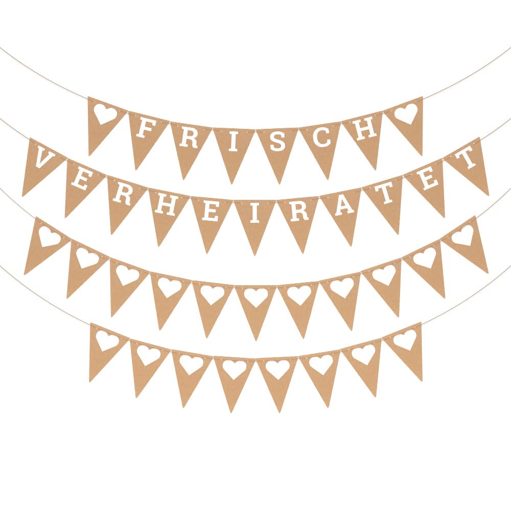 ecooe Vintage Fresh Married Banner Just Married Garland Decoration for Wedding Bridal Shower Romantic Bunting Wedding Decoration with 19 Pieces Flags, 21 Pieces Small Hearts and 2 Pieces 3M Jute Rope