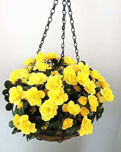 Lopkey Outdoor Artificial Red Azalea Bush Flower Patio Lawn Garden Hanging Basket with Chain Flowerpot,Yellow