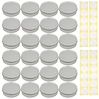 SimbaLux Screw Top Round Steel Tin Cans 2 oz (60 ml) with Self Adhesive White Round Stickers, 24-Pack