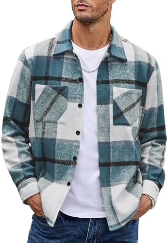 RSZGSWS Mens Shirt Jacket with Flap Pocket Woolen Blend Lapel