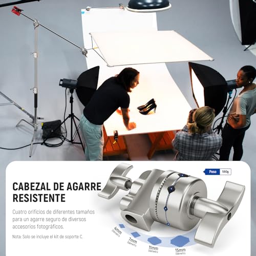 NEEWER Pro 100% Acero Inoxidable Resistente Soporte C con Brazo de Pluma, Altura Máx 68"/172cm Soporte de Luz Fotografía con Brazo 2.7ft/83cm, 2 Cabezales para Monoluz, Softbox, Reflector, SC172