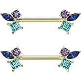 14GA 316L Stainless Steel Triple CZ Crystal Cluster Nipple Barbells, Sold as a Pair
