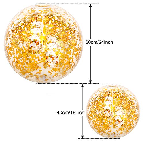 Hsei 3 Pieces Inflatable Beach Ball Glitter Beach Ball Floatable Confetti Ball for Summer Beach, Pool and Party Favor (Golden, 16 and 24 Inch)