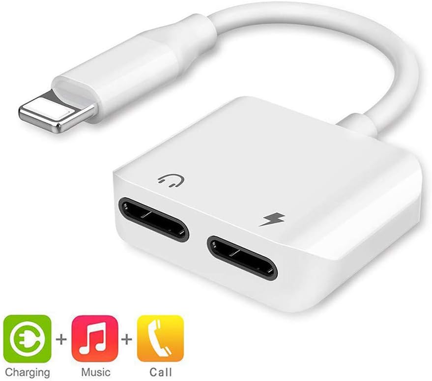 Headphones Adapter for iPhone 7 Adapter Aux Cable Jack Adaptor Charger for iPhone 8/8Plus/7/7Plus/X/XSmax 4 in 1 Earphone Audio Connector Splitter Double Dongle Car Charger Accessories Suppor All iOS