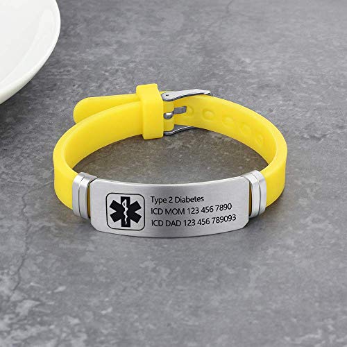 Lam Hub Fong Free Engraving 9 Inches Silicone Adjustable Medical Bracelets Sport Emergency ID Bracelets for Men Women Kids Waterproof Stainless Steel Rubber Alert Bracelets (Yellow)