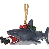 Bella Haus Christmas Shoppe Funny 4-Inch Santa Shark Attack Christmas Tree Ornament | Resin Figurine Decor | Ideal for Fun Secret Santa or White Elephant Gift Exchange (Shark)