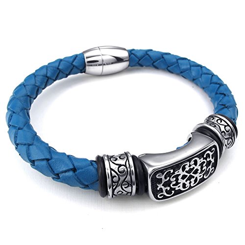 KONOV Mens Leather Stainless Steel Bracelet, Charms Bangle Magnetic Clasp, Blue Silver - 8 inch