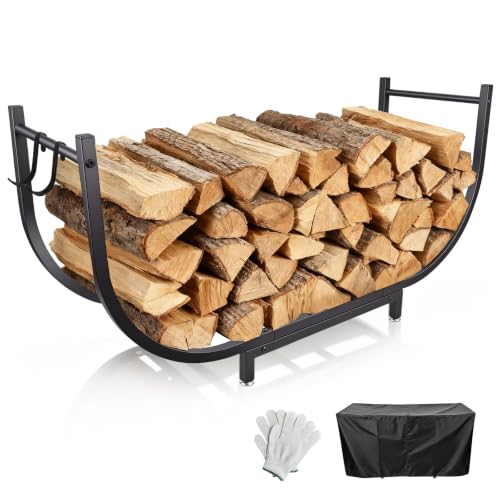 35’’ Firewood Rack Outdoor w Thicken Cover, Curved Metal Wood Rack Indoor