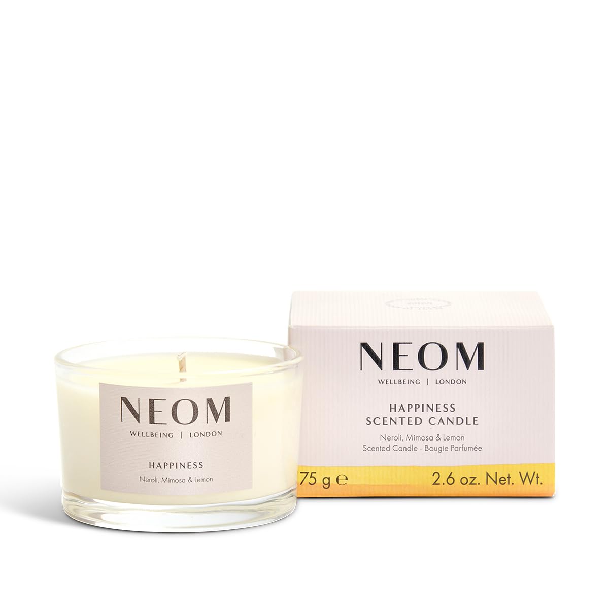 Neom- Happiness Scented Candle, Travel Size | Essential Oil Aromatherapy Candle | Neroli, Mimosa & Lemon | Scent to Make You Happy,White,1101175