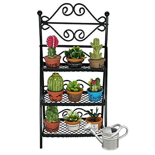 SAMCAMI Dollhouse Furniture Flower Stand Set (11pieces) - Vintage Metal Plant Stand and Other Miniature Accessories for 1 12 Scale Dollhouse Balcony Decoration (Black)