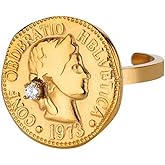 Ancient Roman Coins Open Ring for Women Men Promise Eternity Stainless Steel Zirconia Crystal Adjustable Thumb Stackable Wedding Statement Band Rings Aesthetic Jewelry Fashion Party Best Friend