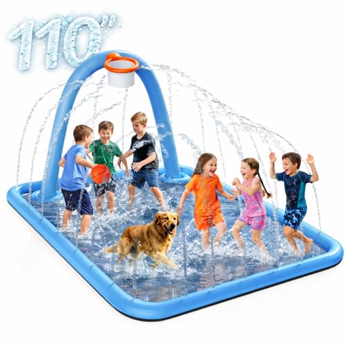Octaplay Splash Pad for Kids & Dogs, Large Sprinkler Pad Water Toys with Basketball Hoop, Thickened Non-Slip Splash Mat, Foldable Play Pool & Outdoor Summer Toys Ages 4-12 at Amazon