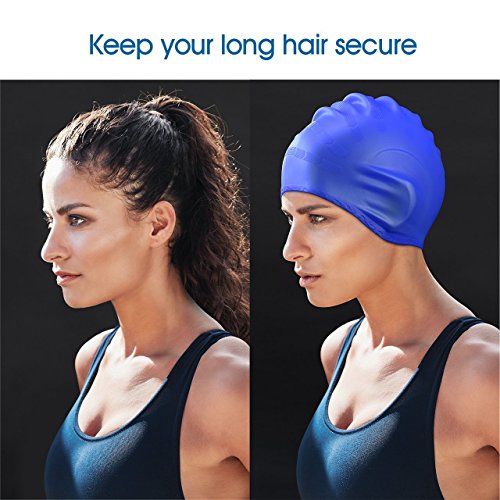 Xiaoai Swimming Cap, Waterproof Silicone Unisex Swimming Hat Long Hair Hat with Ear Cover for Women and Men for Water Sports (Blue) - Thumbnail 6