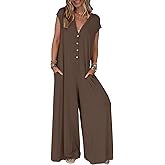 MEROKEETY Women's 2026 Summer Cap Sleeve Jumpsuits Dressy Casual Deep V Neck Button Onesie Wide Leg Pants Rompers