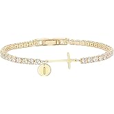 Valentines Day Gifts Gold Cross Bracelets for Women - 14K Gold Plated 3mm Cubic Zirconia Classic Tennis Bracelet Dainty Initial Bracelet Letter A-Z Charm for Religious Christian Gifts Women Trendy Jewelry Gifts