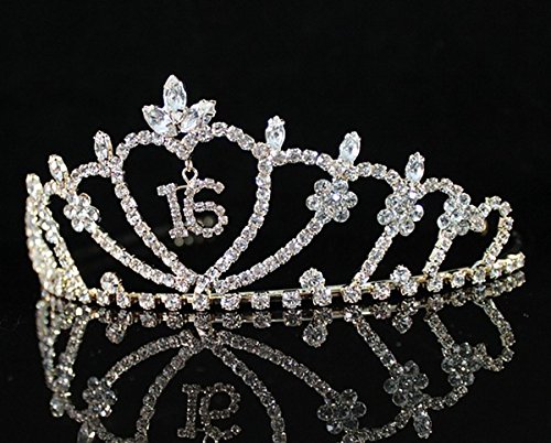 Janefashions SWEET SIXTEEN 16 RHIESTONE TIARA CROWN WITH COMBS PARTY JEWELRY T538 GOLD TONE