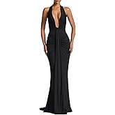 ABYOVRT Women Deep V Neck Ruched Maxi Dress Sleeveless Halter Gown Cocktail Evening Formal Dresses