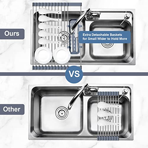 Expandable Roll up Dish Drying Rack - Over The Sink Drying Rack with 2 Utensil Racks, Multipurpose SUS304 Stainless Steel Roll up Sink Rack, for Cups Fruits Vegetables Tableware. Dishwasher Safe