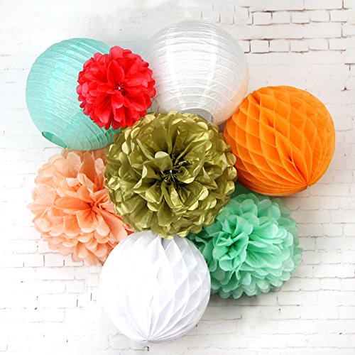 SUNBEAUTY Coral Mint Peach Gold Paper Lanterns Home Party Wedding Honeycomb Balls Tissue Pom Poms Flower Valentines Hanging Decor