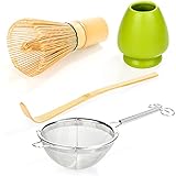 Tealyra - Matcha Whisk 100 Prong - Bamboo Scoop - Ceramic Whisk Holder - Stainless Steel Sifter - Ceremony Matcha Start Up Gift Set - Japanese Matcha Accessories - 4 Piece Kit