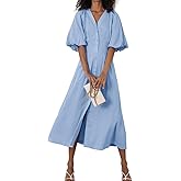 chouyatou Women Summer Puff Sleeve Button Down Shirt Dress Flowy Elegant Business Casual Midi Long Dress