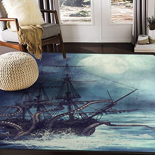 ALAZA Night Scene with Pirate Ship Octopus Area Rug Rugs for Living Room Bedroom 7' x 5'