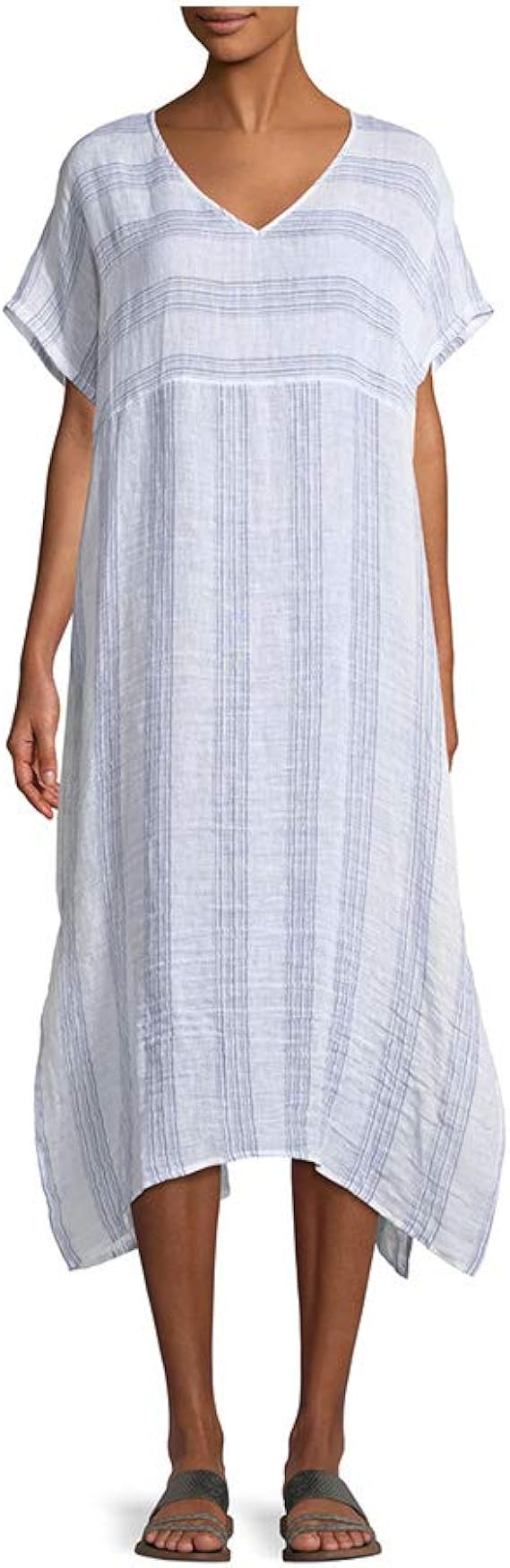 Eileen Fisher Chambray Organic Linen Gauze Multi Stripe VNeck C/L
