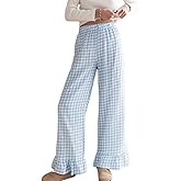 codcm Womens Gingham Pants Wide Leg Lounge Pants Y2k Plaid Print Ruffle Hem Loose Trouser