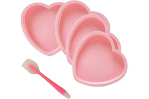 POKALI 4Pcs 8in Silicone Heart Shaped Rainbow Cake Baking Pans, Layer Cake Pan Set, Non-Stick Silicone Cake Bakeware +1Silicone spatula (pink)