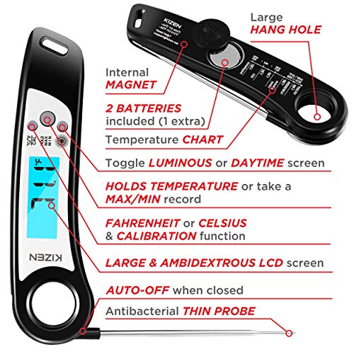 Kizen Instant Read Meat Thermometer - Waterproof Ambidextrous Thermometer with Backlight & Calibration. Digital Food Thermometer for Kitchen, Outdoor Cooking, BBQ, and Grill! - Thumbnail 2