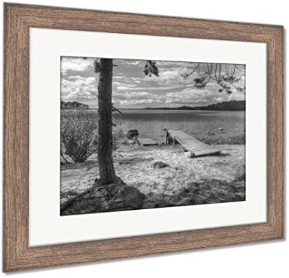 Ashley Framed Prints Tree And Pier On The Sandy Shore Of The Lake In Summer Sunny Day, Wall Art Home Decoration, Black/White, 34x40 (frame size), Rustic Barn Wood Frame, AG5839423