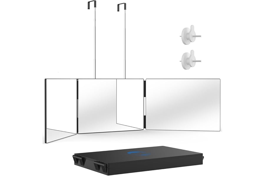 OLIBUY 3 Way Mirror for Hair Cutting, Three Way Mirror for Shaver and Makeup, Height Adjustable with Two Hold Nails, 360 Viewing Angle, Clear Anti-Fog HD Glass